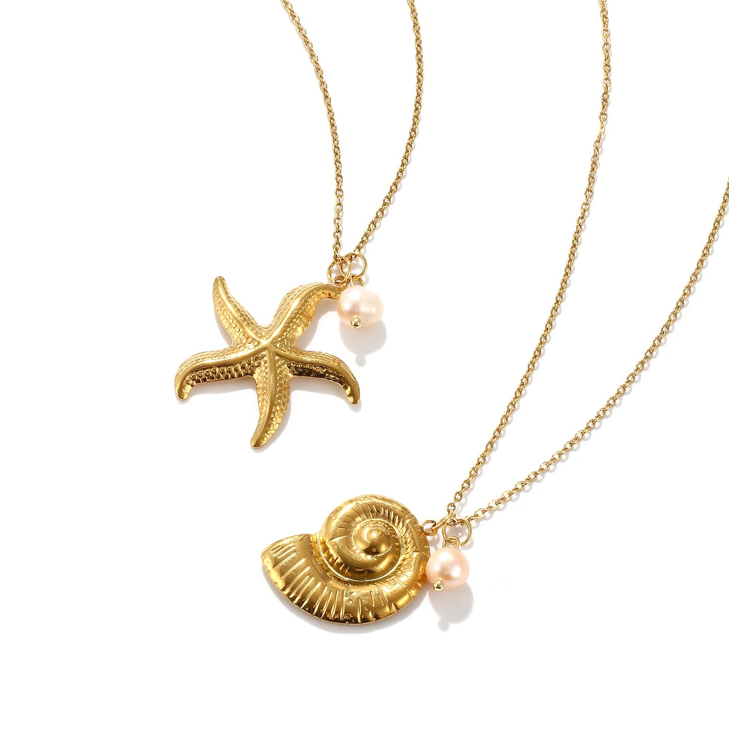 18K Gold Plated Pearl Link Necklace – Stainless Steel Ocean Jewelry for Women