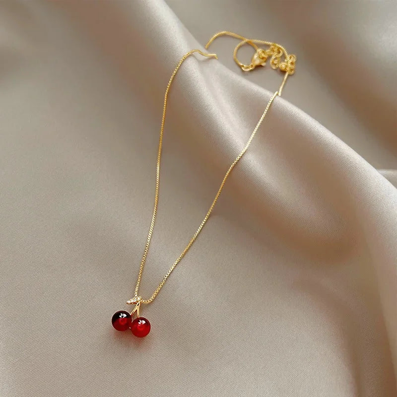 Cherry Pendant Necklace – Wine Red Fruit Charm on Gold Chain