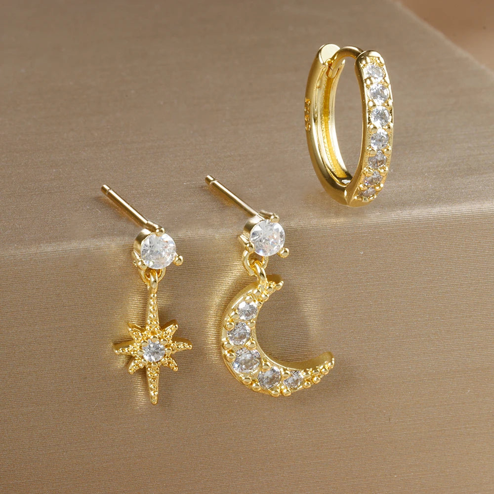 3PCS Luxury Star Earrings Set – Stainless Steel & Zircon
