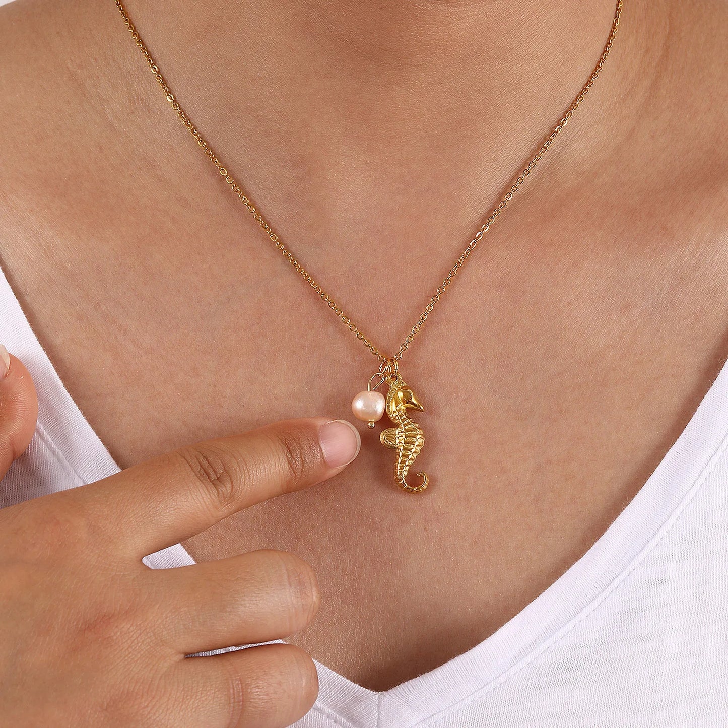 18K Gold Plated Pearl Link Necklace – Stainless Steel Ocean Jewelry for Women