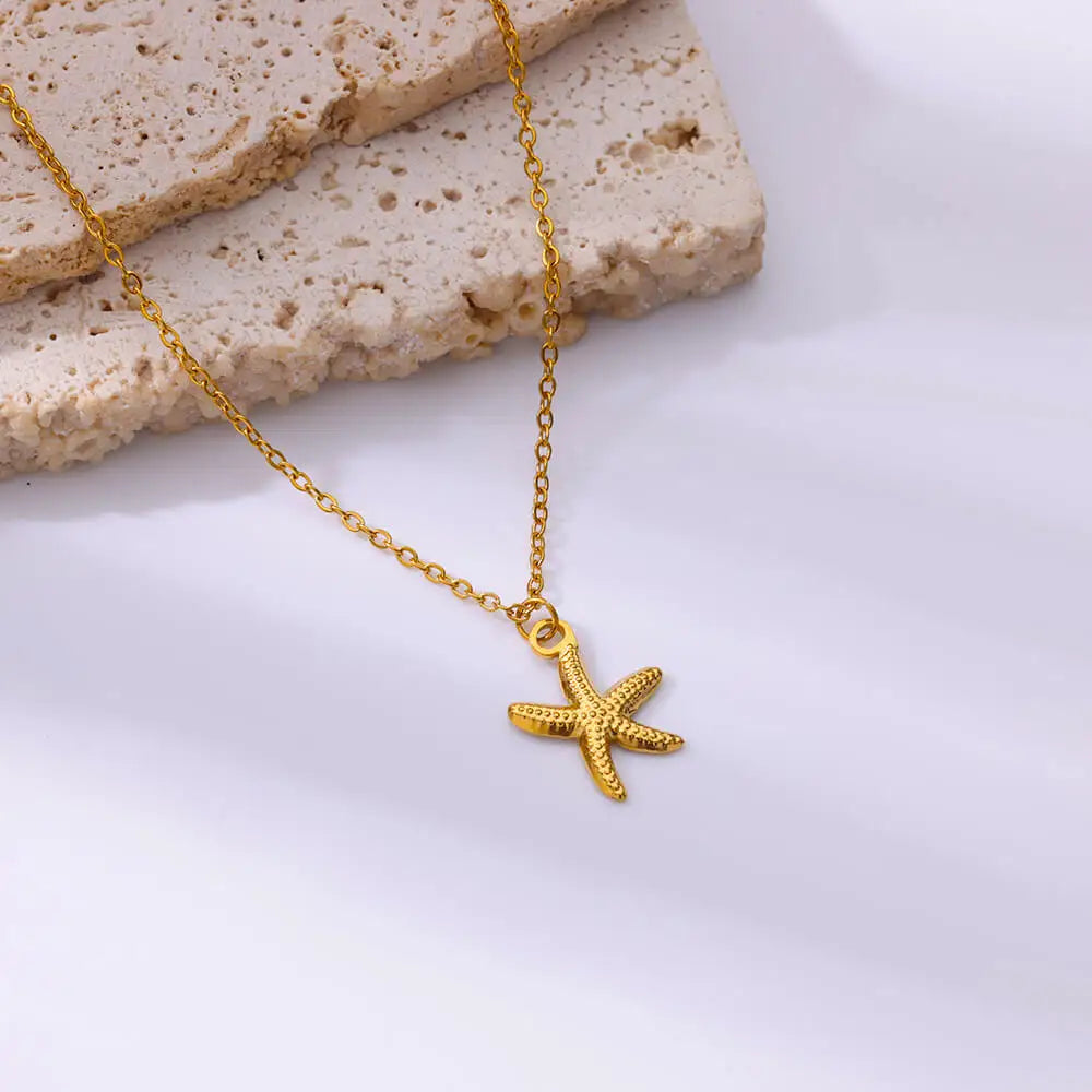 Summer Beach Starfish & Pearl Necklace – Gold Stainless Steel Pendant