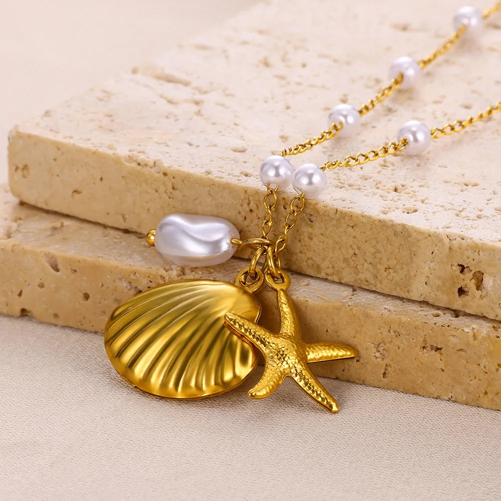 Summer Beach Starfish & Pearl Necklace – Gold Stainless Steel Pendant