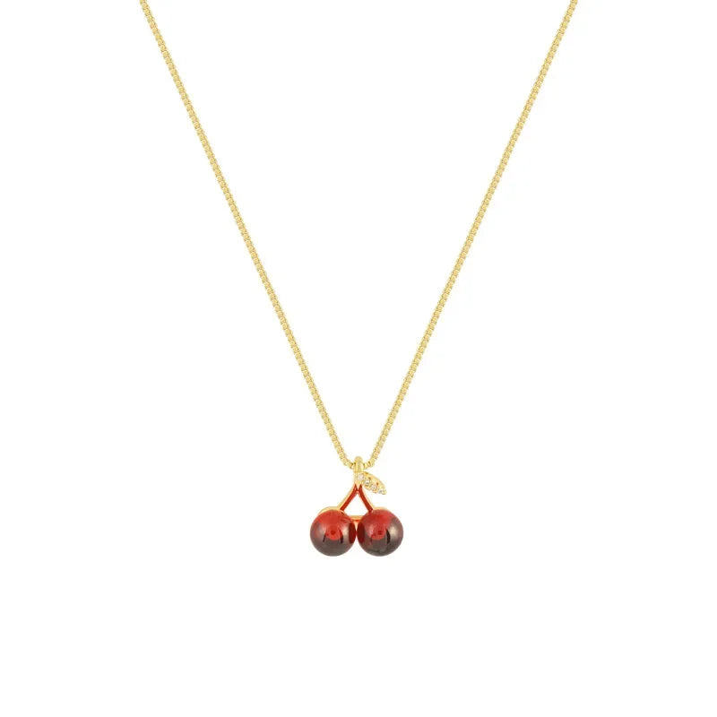 Cherry Pendant Necklace – Wine Red Fruit Charm on Gold Chain