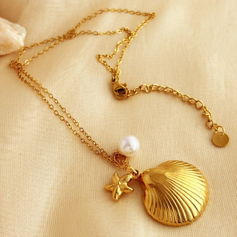 Starfish & Shell Beach Necklace – Gold/Silver Stainless Steel Choker
