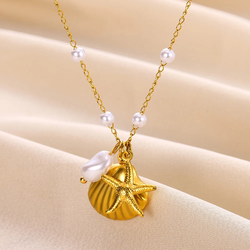 Summer Beach Starfish & Pearl Necklace – Gold Stainless Steel Pendant