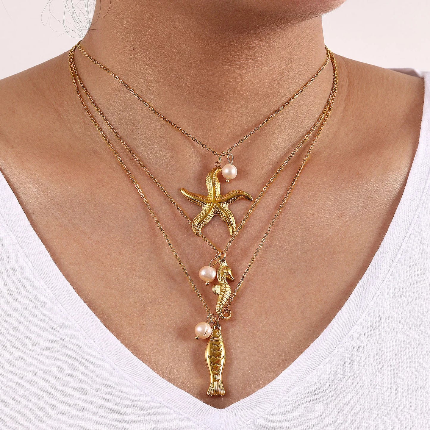18K Gold Plated Pearl Link Necklace – Stainless Steel Ocean Jewelry for Women