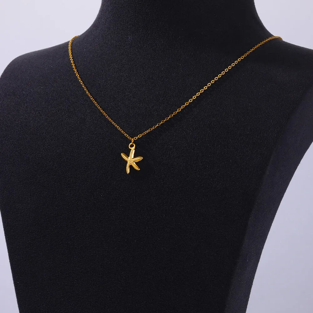 Summer Beach Starfish & Pearl Necklace – Gold Stainless Steel Pendant