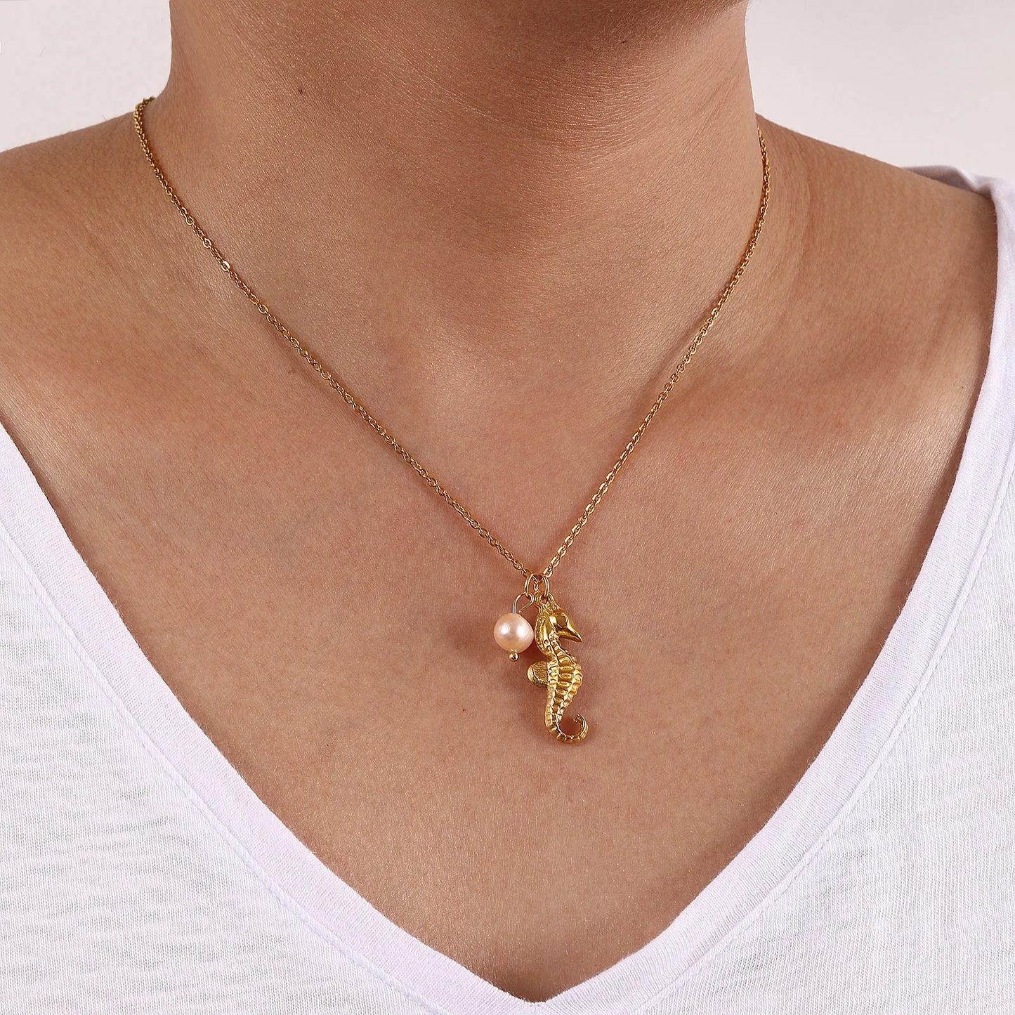 18K Gold Plated Pearl Link Necklace – Stainless Steel Ocean Jewelry for Women