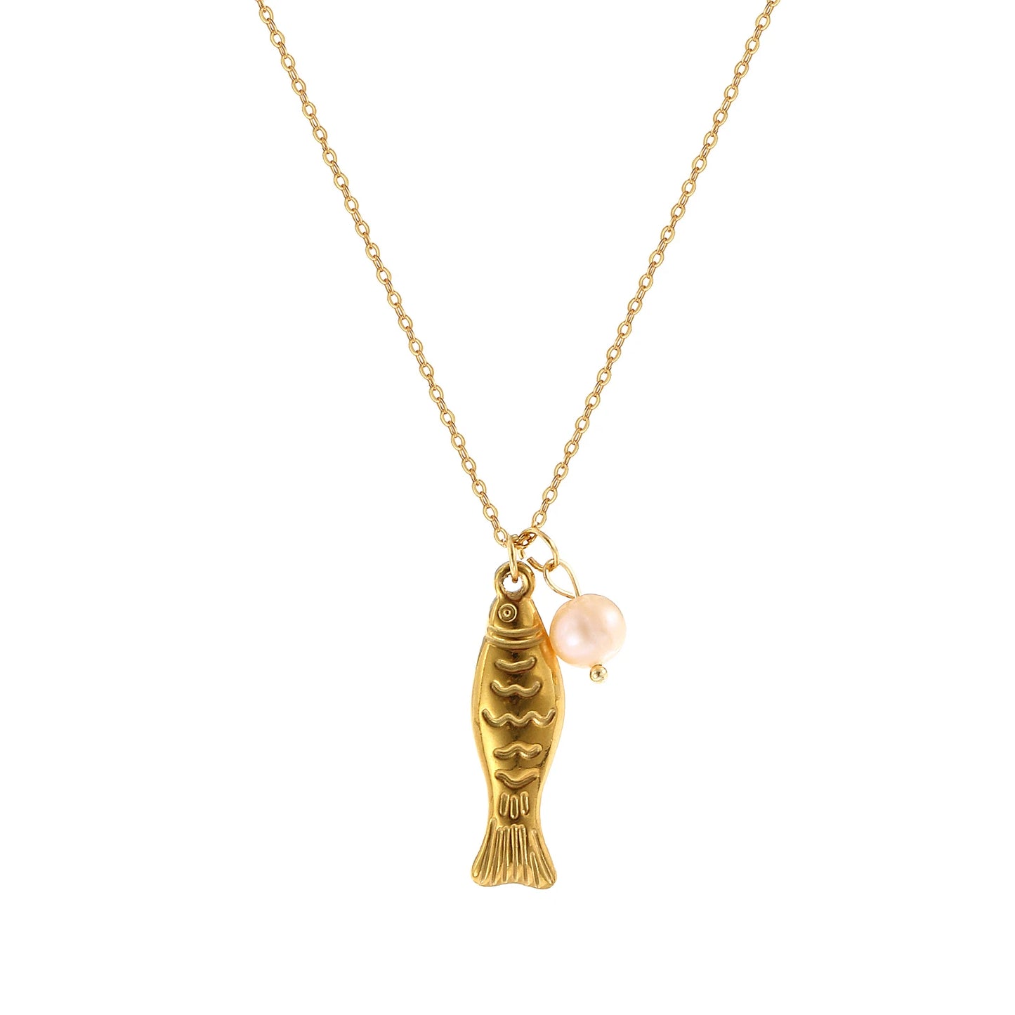 18K Gold Plated Pearl Link Necklace – Stainless Steel Ocean Jewelry for Women
