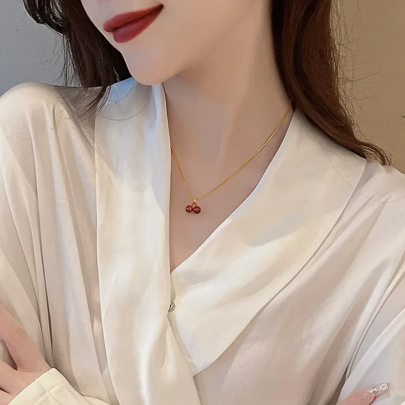 Cherry Pendant Necklace – Wine Red Fruit Charm on Gold Chain