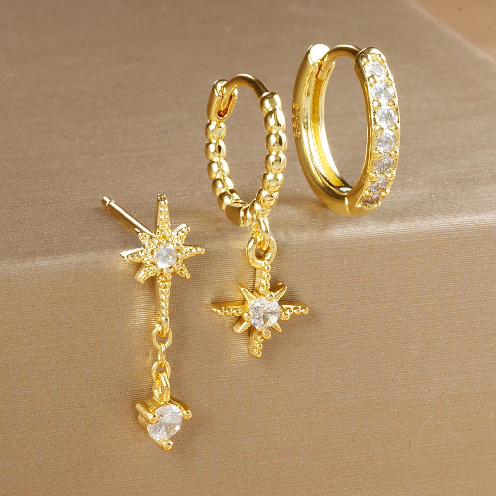 3PCS Luxury Star Earrings Set – Stainless Steel & Zircon