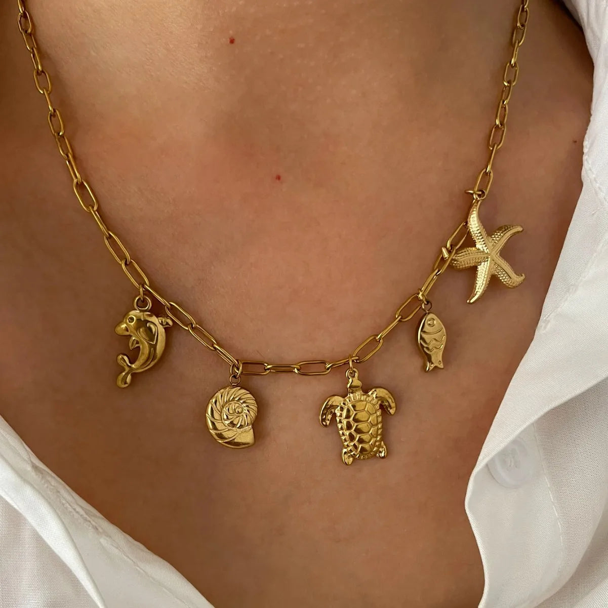 Starfish & Shell Beach Necklace – Gold/Silver Stainless Steel Choker