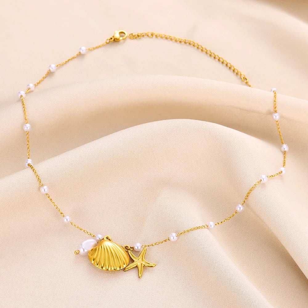Summer Beach Starfish & Pearl Necklace – Gold Stainless Steel Pendant