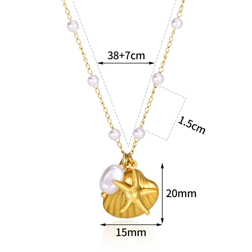 Summer Beach Starfish & Pearl Necklace – Gold Stainless Steel Pendant