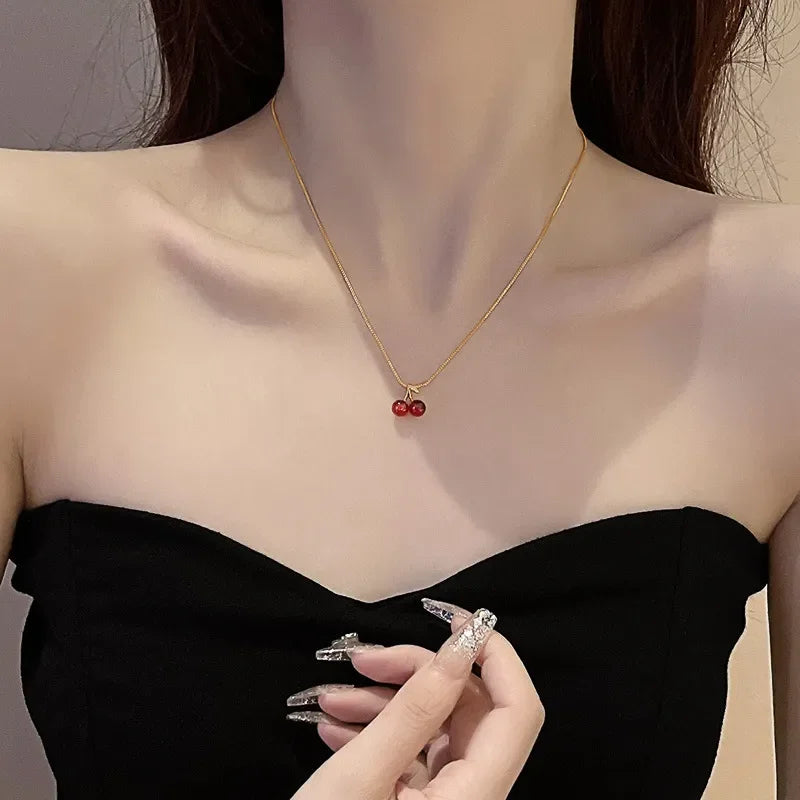 Cherry Pendant Necklace – Wine Red Fruit Charm on Gold Chain