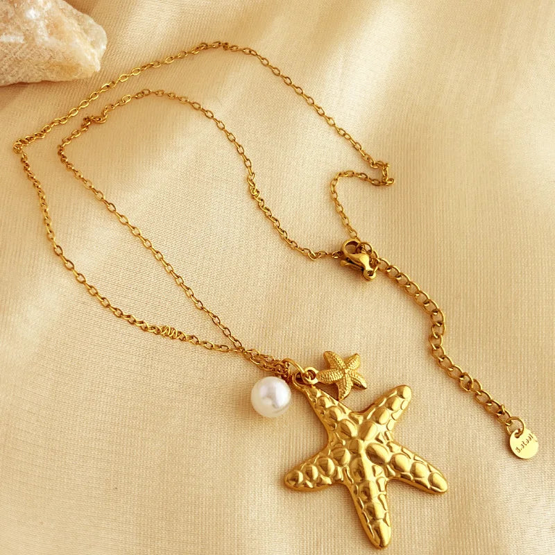 Starfish & Shell Beach Necklace – Gold/Silver Stainless Steel Choker