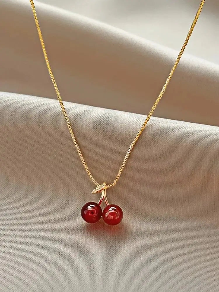 Cherry Pendant Necklace – Wine Red Fruit Charm on Gold Chain