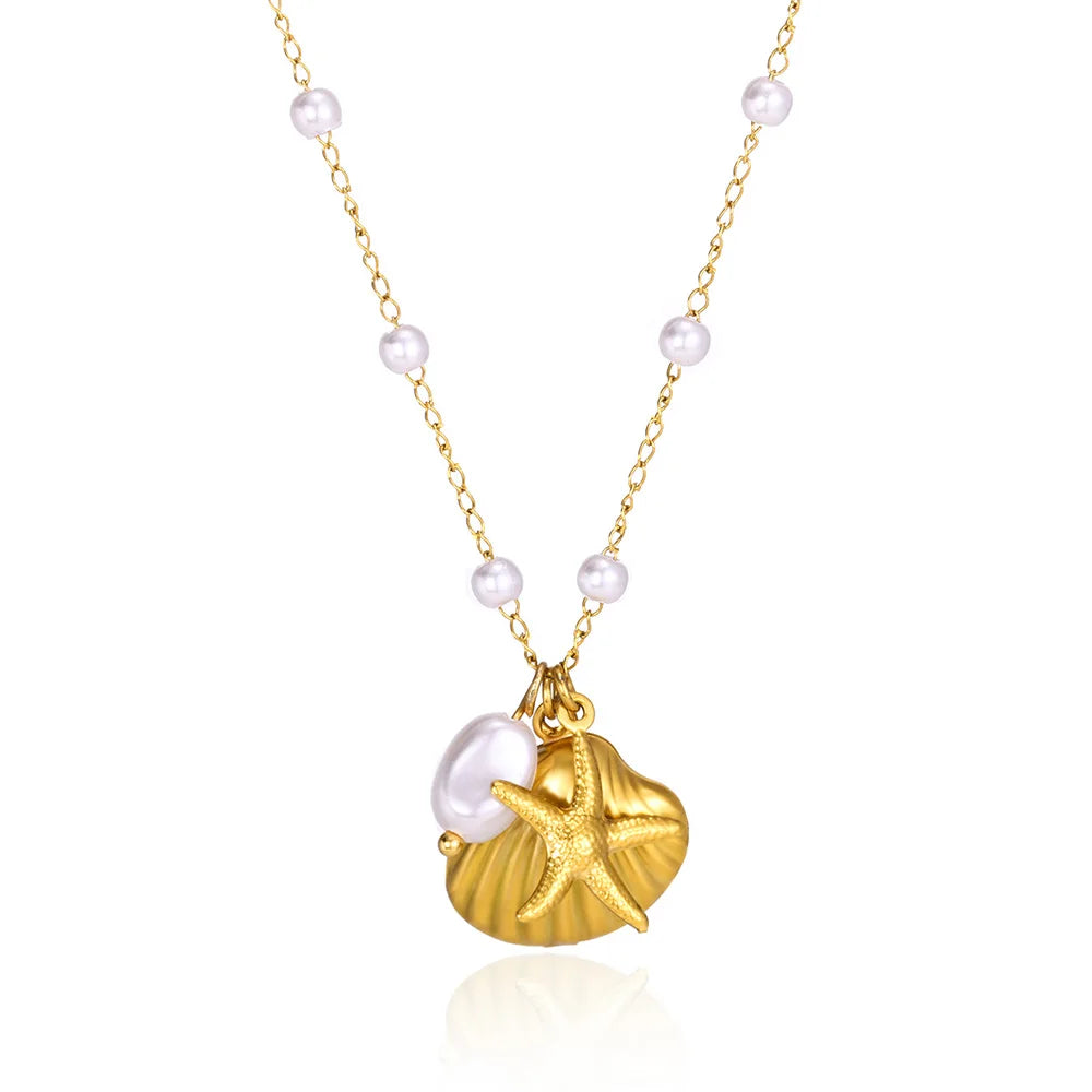Summer Beach Starfish & Pearl Necklace – Gold Stainless Steel Pendant