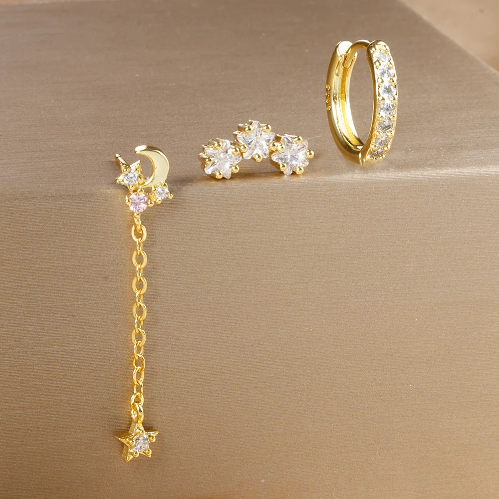 3PCS Luxury Star Earrings Set – Stainless Steel & Zircon