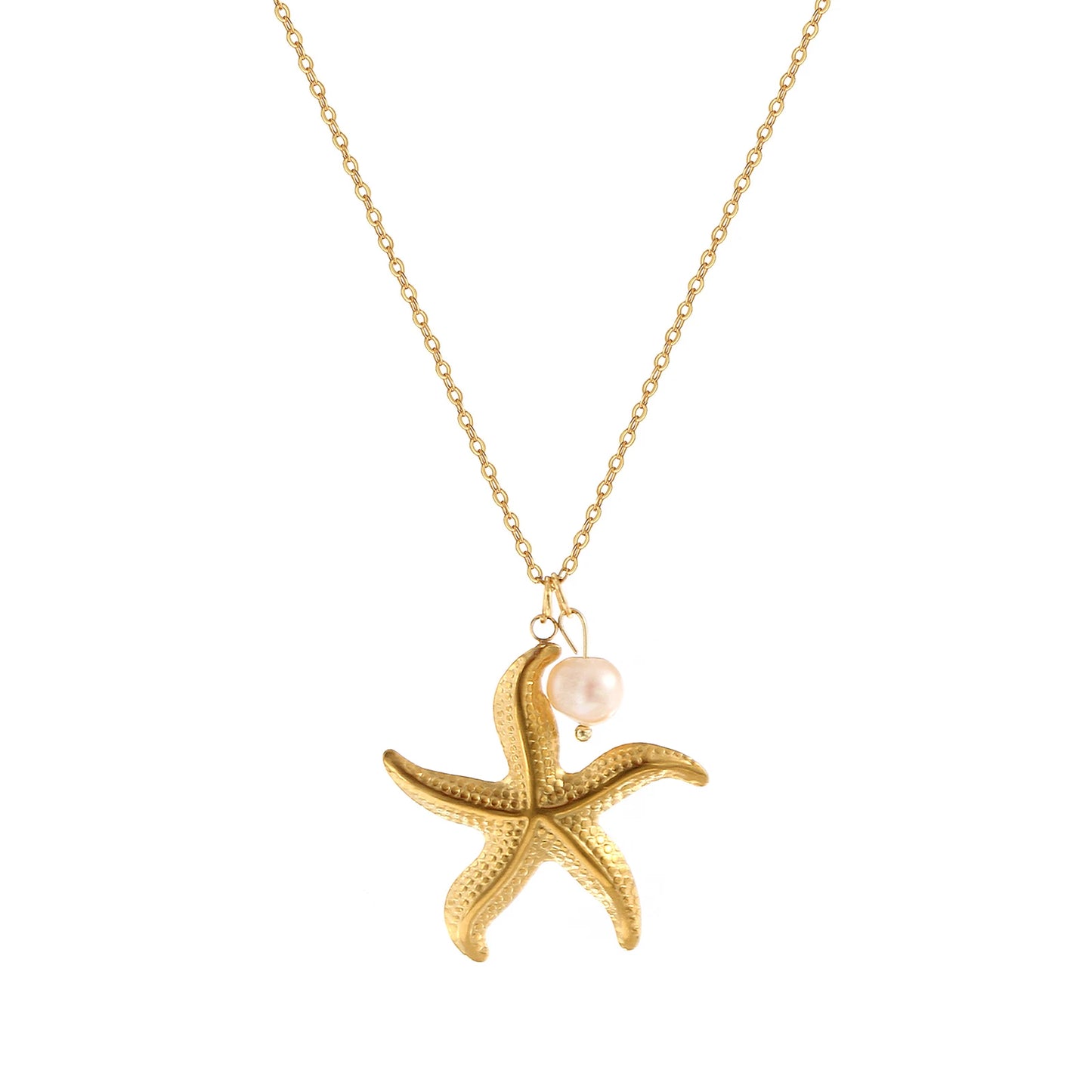 18K Gold Plated Pearl Link Necklace – Stainless Steel Ocean Jewelry for Women
