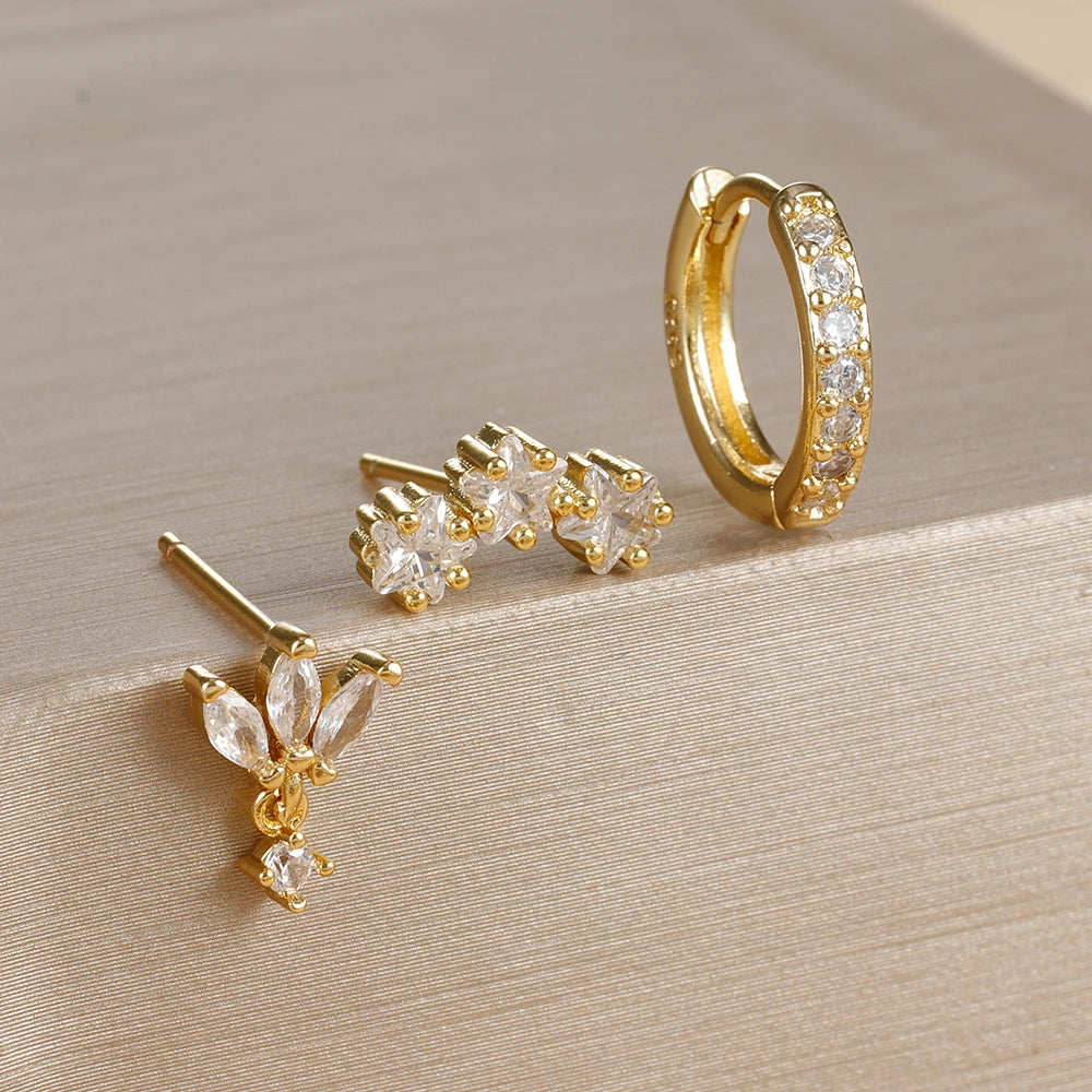 3PCS Luxury Star Earrings Set – Stainless Steel & Zircon