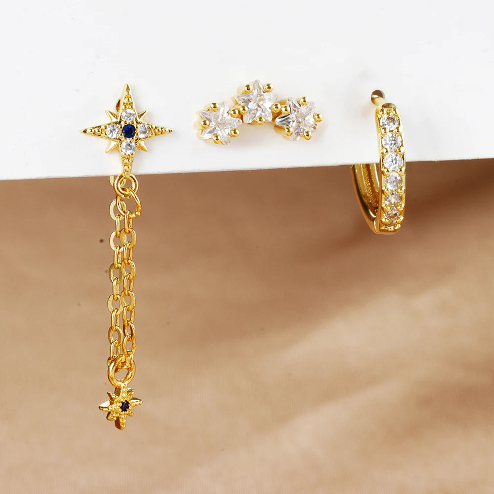 3PCS Luxury Star Earrings Set – Stainless Steel & Zircon