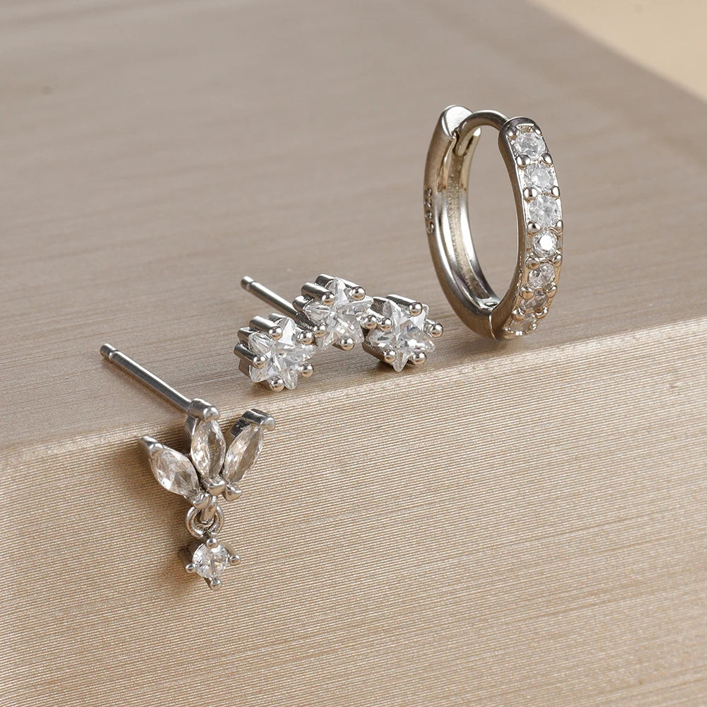 3PCS Luxury Star Earrings Set – Stainless Steel & Zircon