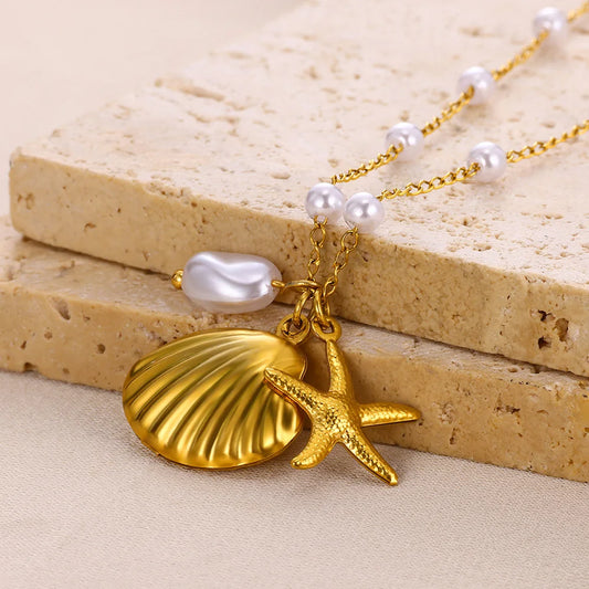 Summer Beach Starfish & Pearl Necklace – Gold Stainless Steel Pendant