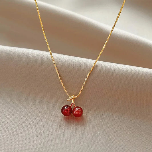 Cherry Pendant Necklace – Wine Red Fruit Charm on Gold Chain