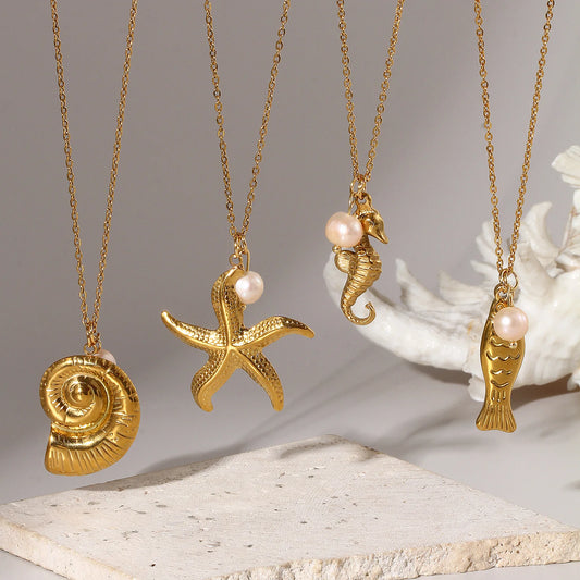 18K Gold Plated Pearl Link Necklace – Stainless Steel Ocean Jewelry for Women